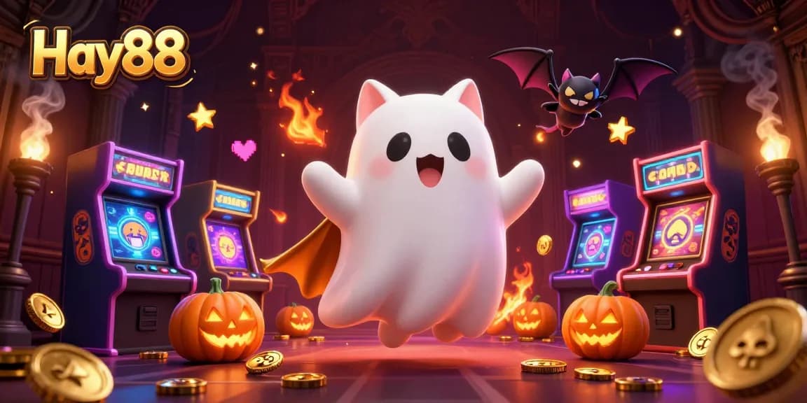 Engage with Hay88’s exciting casino games featuring ghost characters and glowing arcade elements.