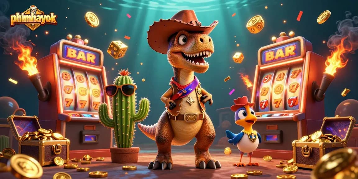Experience thrilling gameplay with phimhayok as a cartoon T-Rex cowboy wins coins from vibrant slots.