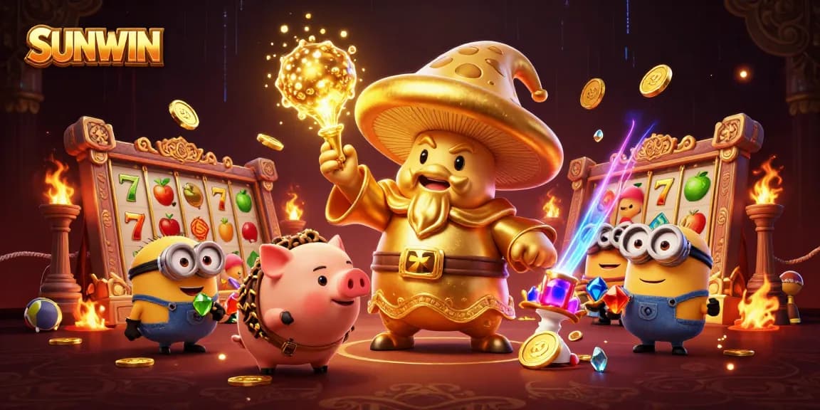 SUNWIN players immerse in a vibrant 3D casino scene filled with golden treasures and slot games