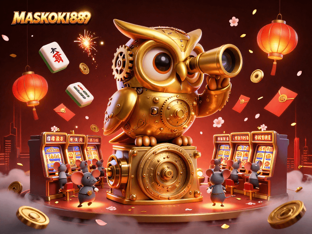 The MASKOKI889 casino scene features a golden owl surveying slot machines, vibrant game elements, and festive decorations.