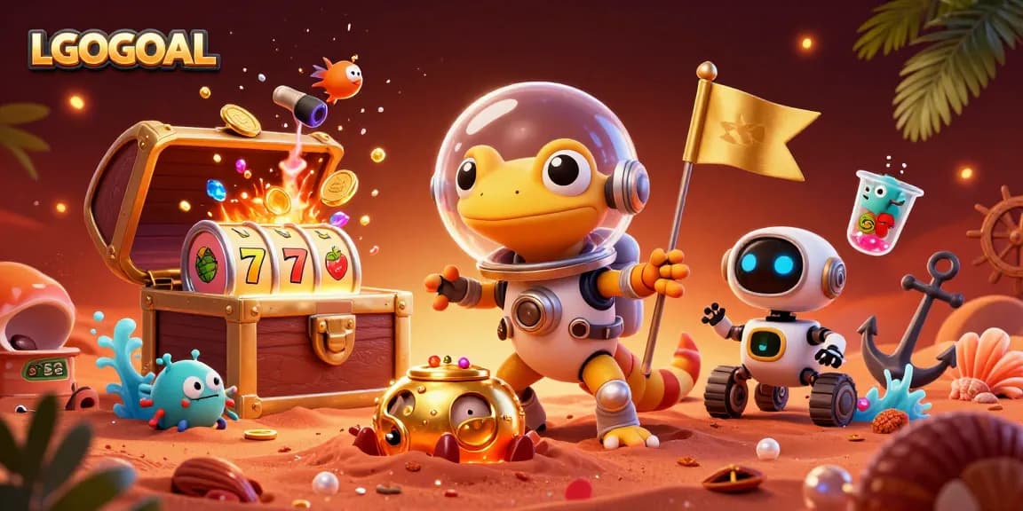 Join LGOGOAL's Martian gecko in an adventurous slot discovery, surrounded by treasure and excitement.