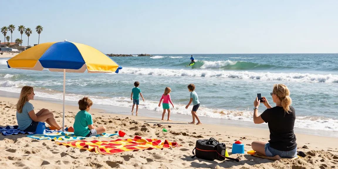 Weather forecast for Myrtle Beach in April shows families enjoying a sunny beach day.