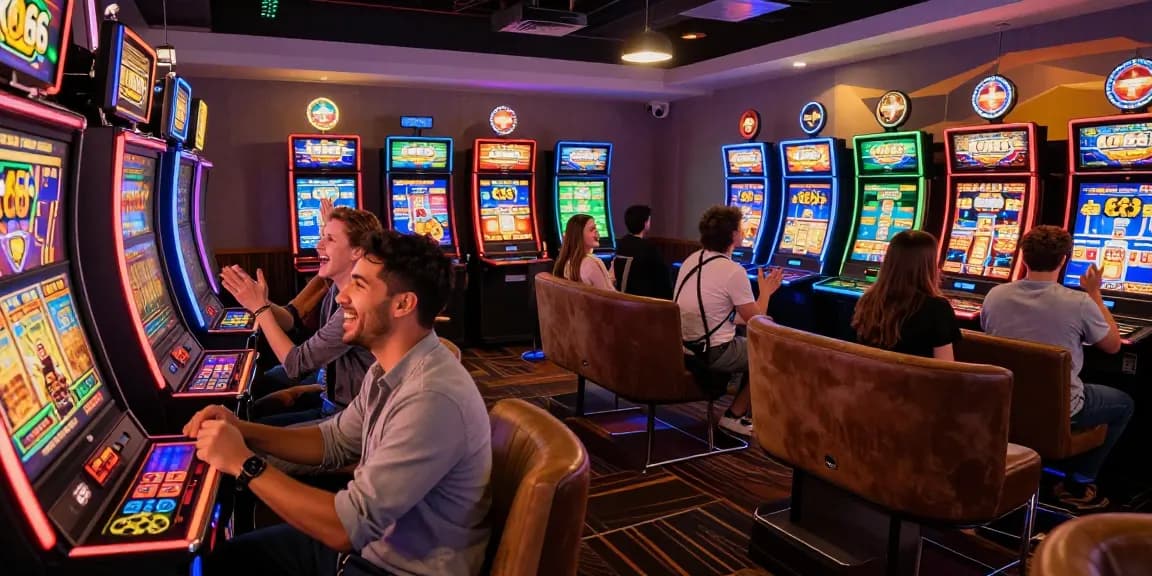 Group enjoying KO66 gaming with vibrant atmosphere and neon lights