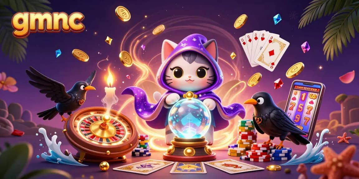 Experience the magic of GMNC with a cartoon fortune teller, tarot raven, and vibrant casino elements.