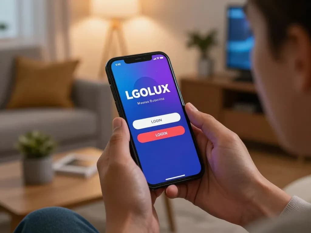 Engaging mobile user logging into LGOLUX LOGIN on a smartphone in a cozy home setting.