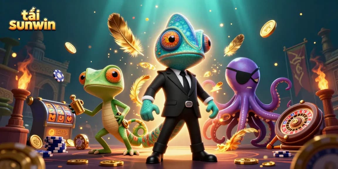 Experience the excitement of tải sunwin with this vibrant casino illustration featuring dynamic gambling characters and elements.