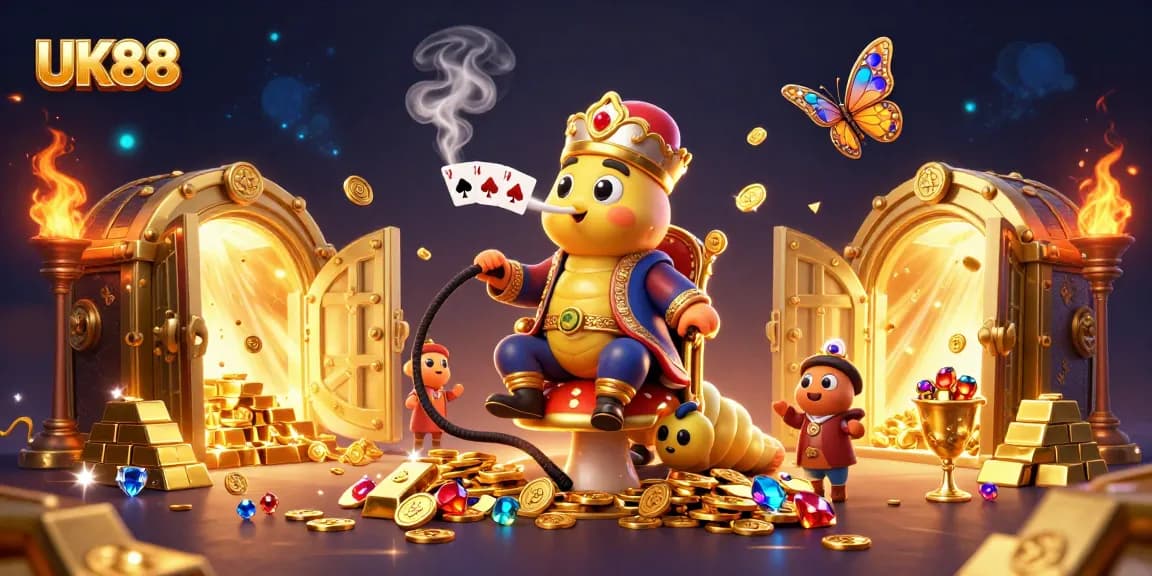 Engage with UK88's captivating casino experience, featuring a whimsical caterpillar in a lavish setting.