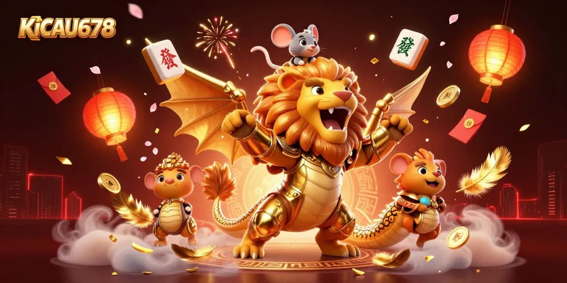KICAU678 showcases an animated chimera with a mouse jockey amidst vibrant casino-themed elements.