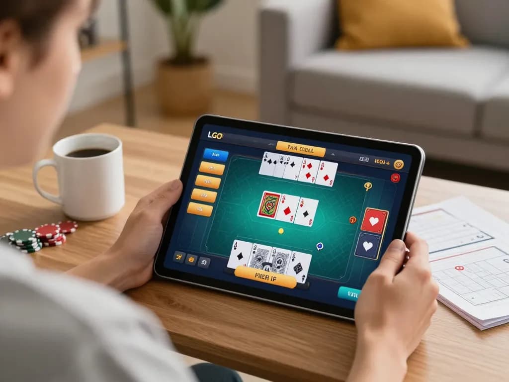 LGO GOAL player analyzing betting options on tablet in a cozy home setting