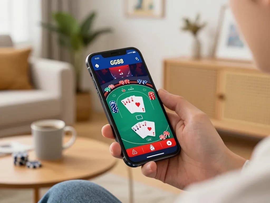 Player exploring the GG88 mobile app for poker gameplay in a cozy home setting