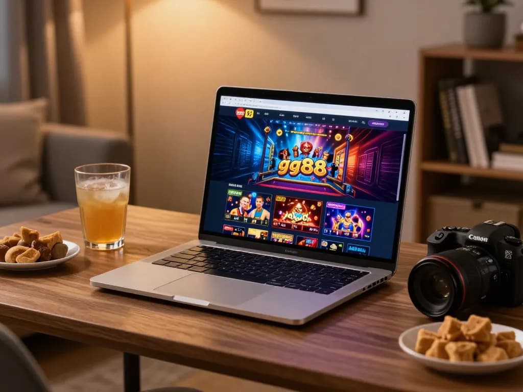 Engaging with link gg88 on a laptop showcasing various casino games in a cozy home setting.