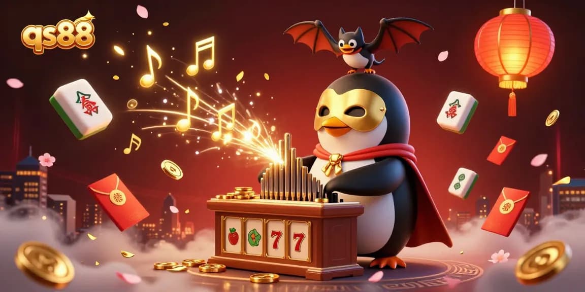 Experience the excitement of qs88 with a playful penguin playing music and golden coins in a vibrant casino setting.