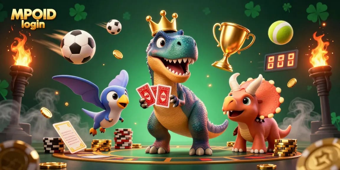 Engage in MPOID login with a dynamic 3D casino scene featuring a T-Rex, pterodactyl, and triceratops.