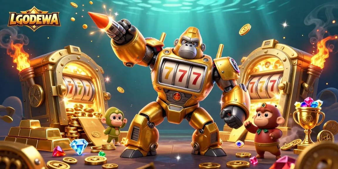 LGODEWA gorilla mech launching cash explosions in a vibrant 3D casino illustration