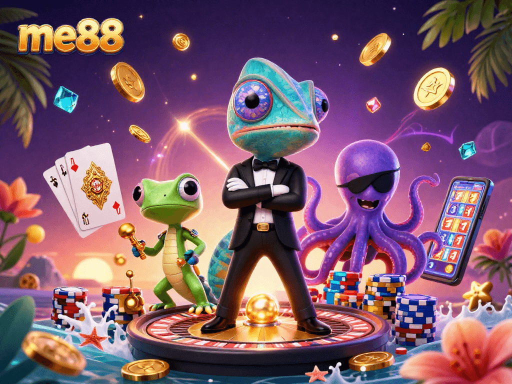 Experience thrilling gaming at me88 with vibrant characters in a 3D casino environment.