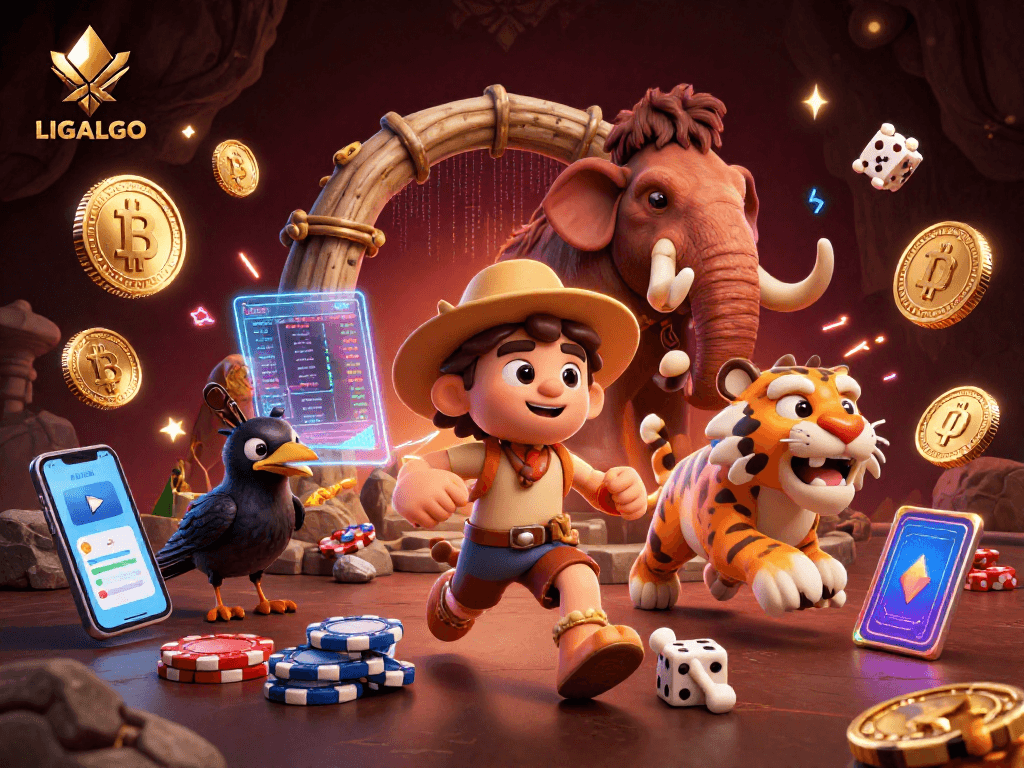LIGALGO's thrilling prehistoric casino scene features a caveman and sabertooth tiger managing games with Bitcoin elements.