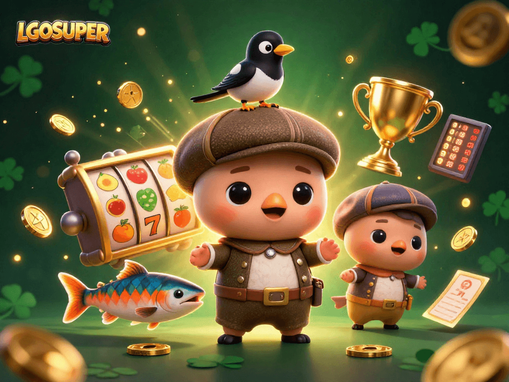 Experience the thrill of LGOSUPER with vibrant 3D elements of slots and playful characters in a colorful casino scene.
