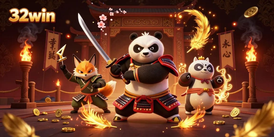 Engage in exciting bets at 32win with samurai panda and ninja fox amidst a vibrant casino scene.