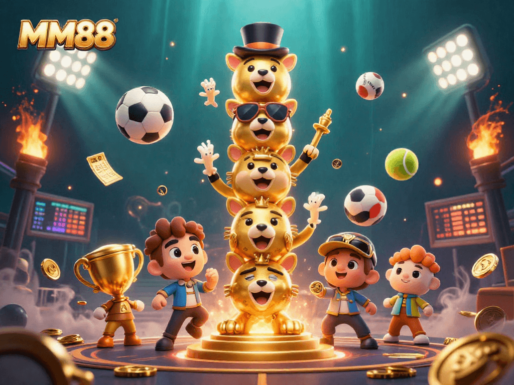 Engage with MM88's dynamic sports betting experience featuring vibrant characters and lively casino elements.