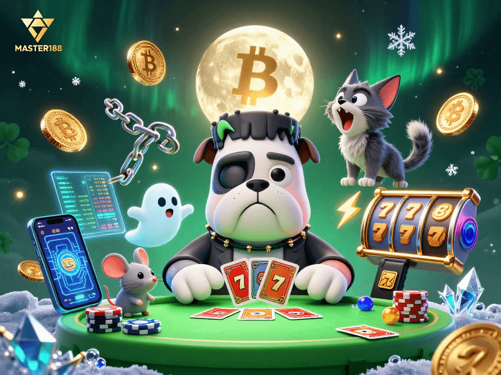 Engage in thrilling gameplay at MASTER188 with a vibrant 3D scene of casino characters.