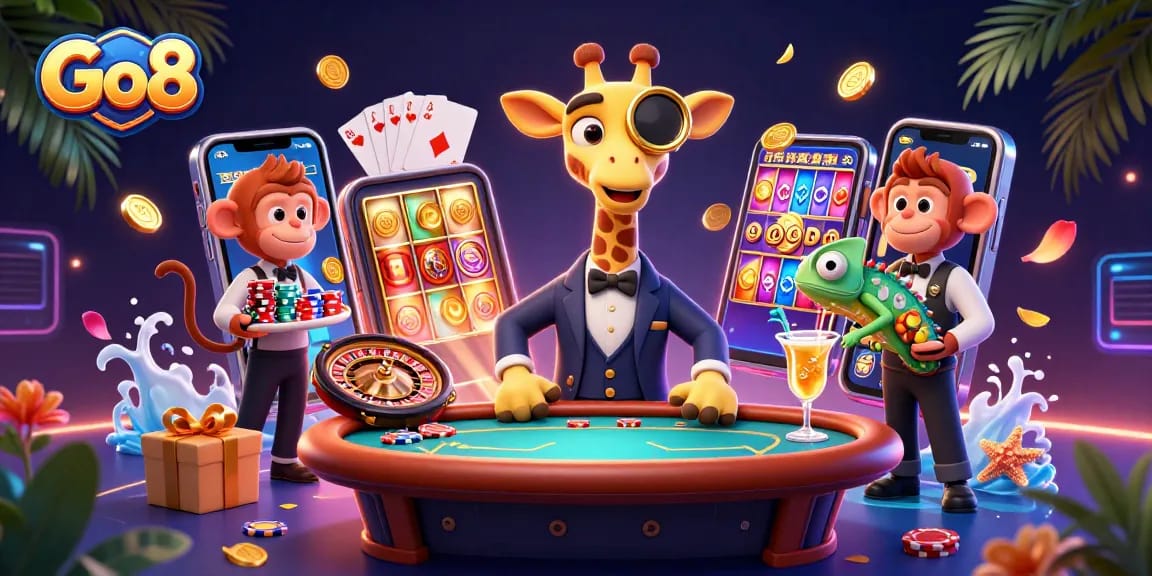 Go8 showcases a vibrant casino scene, featuring an elegant giraffe, monkey valet, and chameleon bartender amidst dynamic gaming elements.
