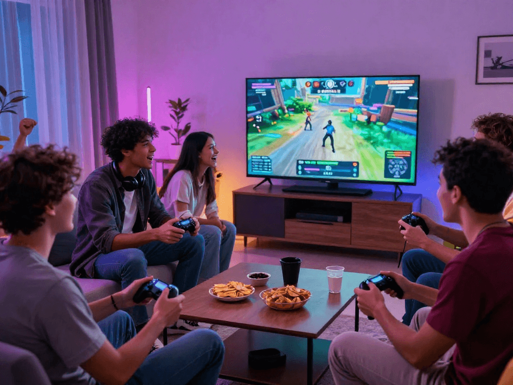 Friends enjoying a gaming session on oxbet platform in a vibrant living room atmosphere.