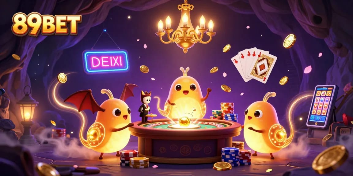 Experience the thrilling ambiance of 89BET with glowworms illuminating a dynamic casino scene.