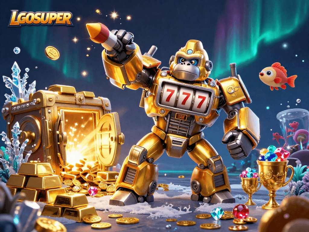 Experience thrilling fish shooting action with LGOSUPER's golden gorilla mech amidst treasure and dazzling gems.