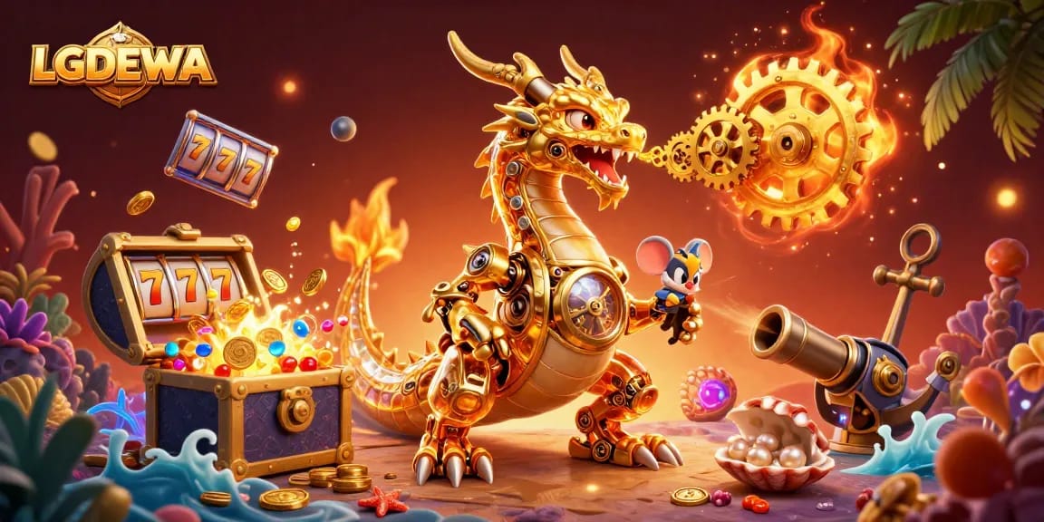 Spin the reels with LGODEWA and enjoy an explosive treasure hunt in a vibrant casino scene.
