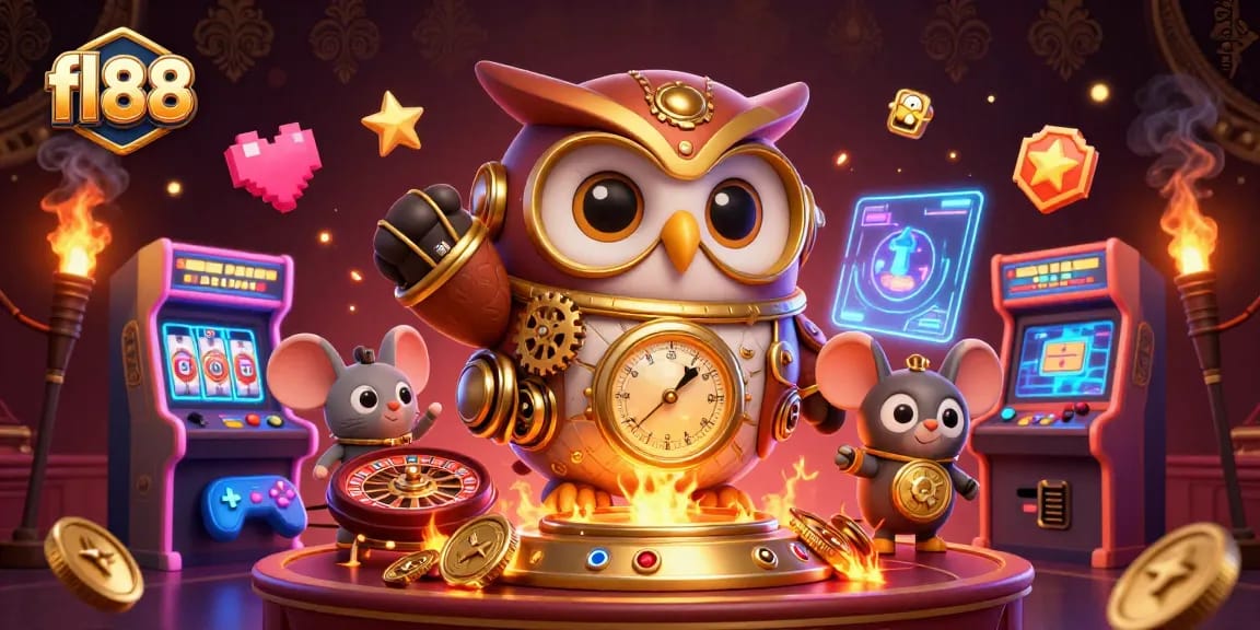 Experience fl88's thrilling casino adventure with an animated owl and gaming symbols.
