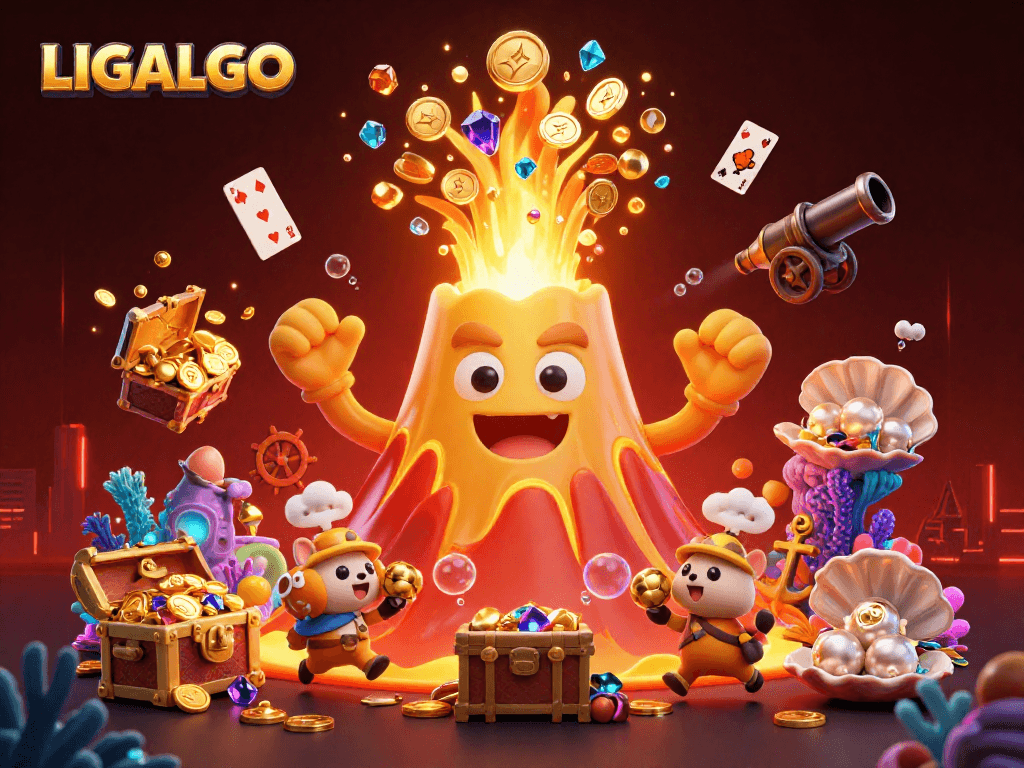 LIGALGO showcases a triumphant golden volcano erupting coins and gems in a dynamic casino scene.