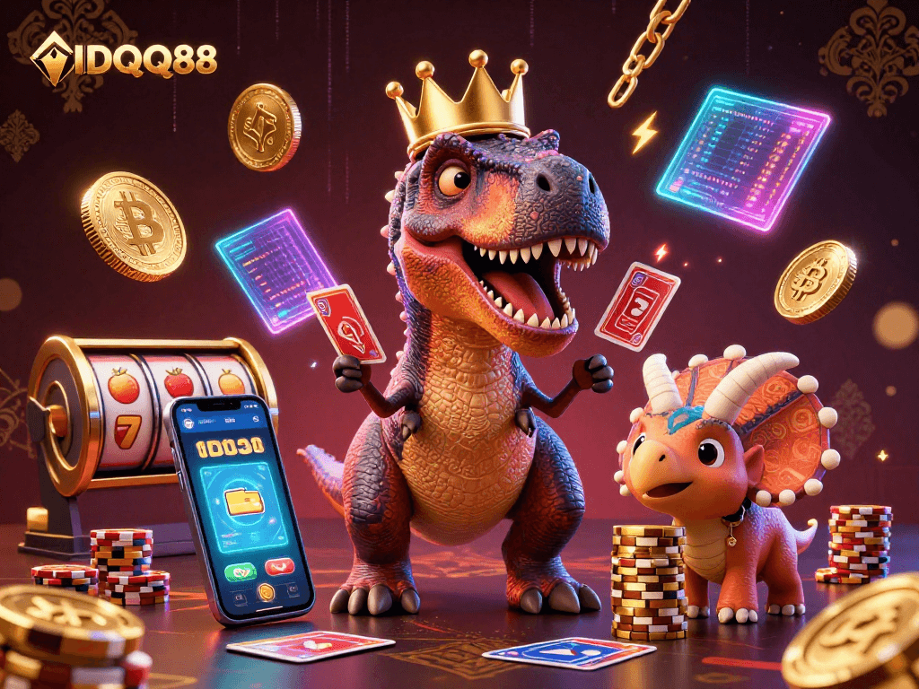Spin with IDQQ88 as a crowned T-Rex shuffles cards amid vibrant casino elements.