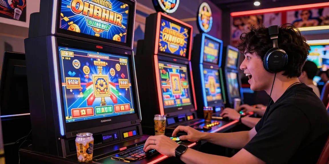 Player enjoying online slots on a mobile device, showcasing deposit tanpa minimal gaming experience in a vibrant setting.