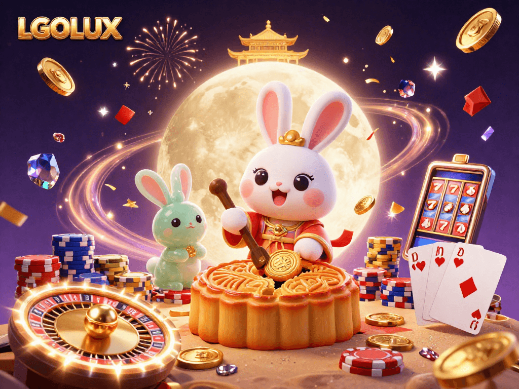 Engage with LGOLUX at a vibrant casino scene featuring a 3D moon rabbit in action.