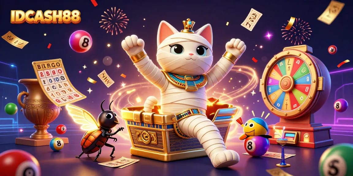 Engaging IDCASH88 scene with mummy cat and scarab beetle in vibrant casino atmosphere.