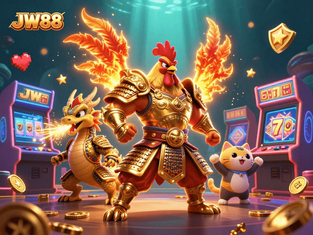 Experience winning thrills with JW88's vivid gaming scene showcasing a rooster warrior and slot machines.