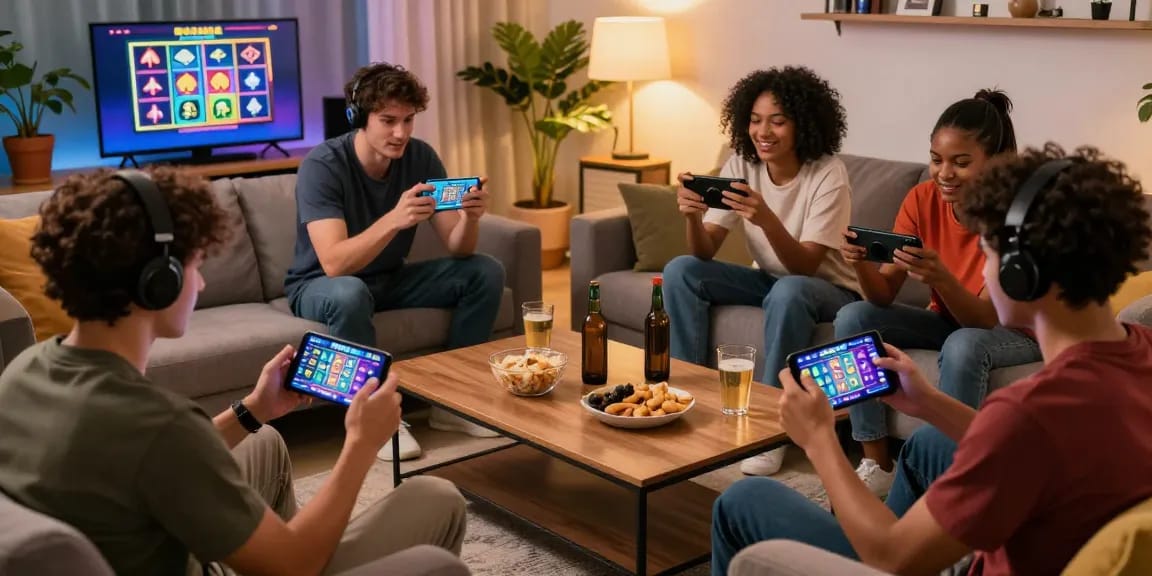 79club online gaming experience with friends enjoying mobile games in a vibrant living room.