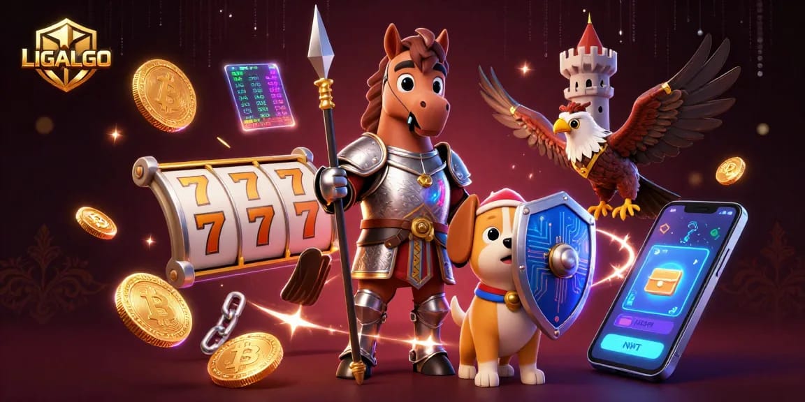 LIGALGO platform features a vibrant slot game scene with cartoon characters and digital assets, showcasing exciting gaming possibilities.