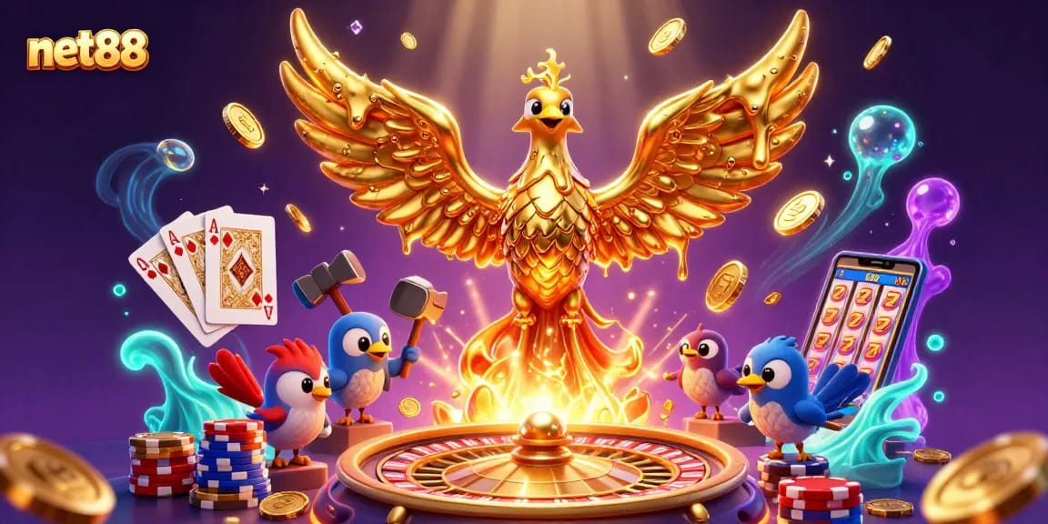 Experience thrilling gameplay at net88 with dynamic scenes of casino excitement, featuring golden phoenix and roulette.