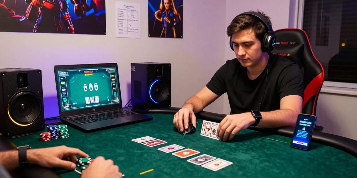 Intense poker gaming setup showcasing player engaged at Situs Poker Uang Asli Dewapoker with high-tech gear and vibrant LEDs.