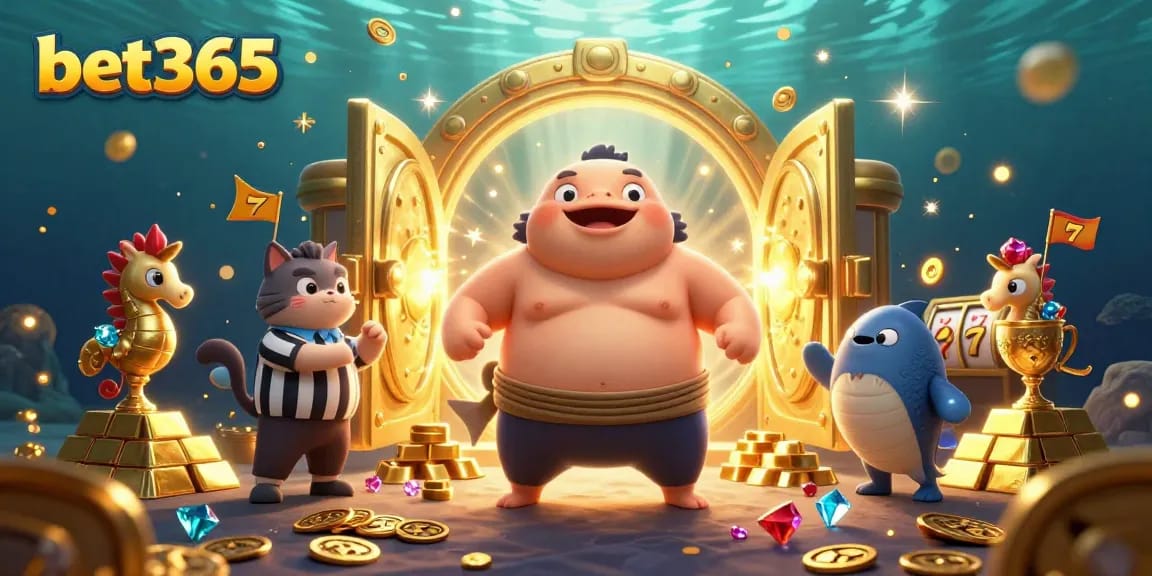 Experience thrilling action with bet365 as a fugu sumo champion surrounded by underwater treasures in a vibrant casino scene.