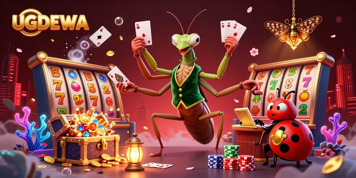 UGDEWA showcases intense gameplay as the giant praying mantis card sharp deals slot reels and fruit symbols.