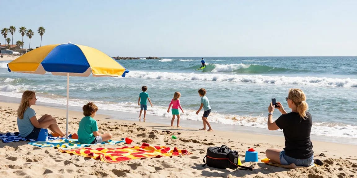 Weather forecast for Myrtle Beach in April shows families enjoying a sunny beach day.