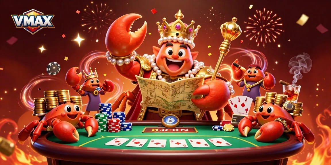 Experience the thrill of VMAX as the golden crab emperor leads a lively casino scene filled with poker action.