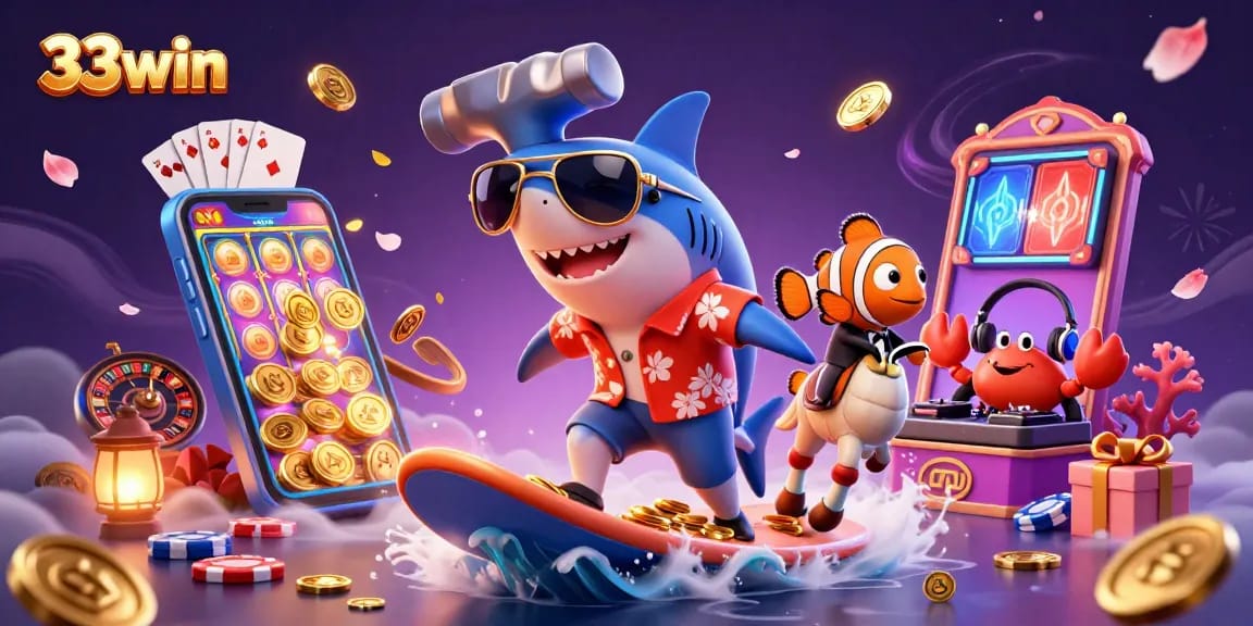 Experience the excitement of 33win's vibrant casino atmosphere with the 3D hammer-head shark surfing coins.