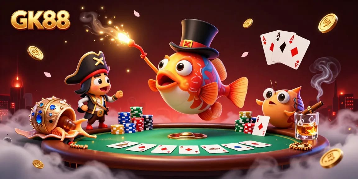 GK88 anglerfish lures in coins with poker scene, showcasing vibrant casino elements.