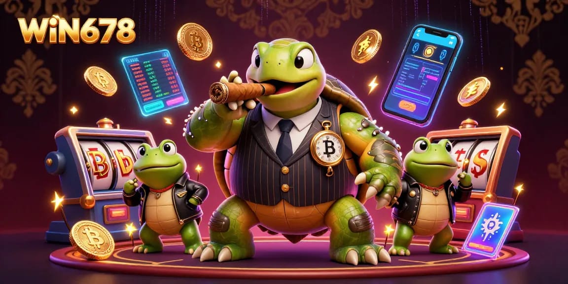 WIN678 captures the excitement of online gambling with a cartoon turtle in a casino scene.