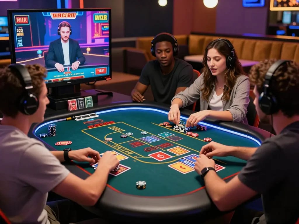 Exciting gaming experience at RR88 with players immersed in Baccarat, showcasing vibrant atmosphere and virtual dealer.