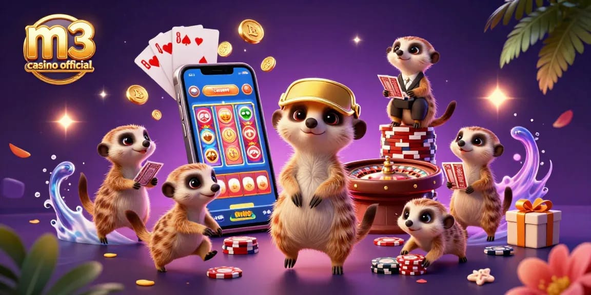 M3 casino official showcases a vibrant scene with animated meerkats running a casino, immersing players in a unique gambling experience.