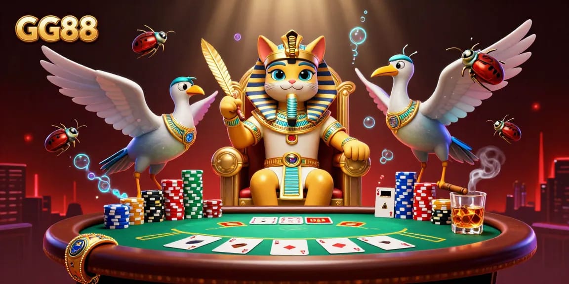 Engage in exciting poker gameplay with GG88 featuring Egyptian pharaoh cat and dynamic casino elements.